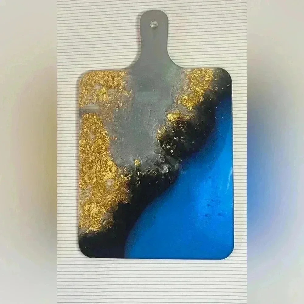 Blue Black And Gold Handmade Epoxy Resin Cutting Board With Handle Home Decor
